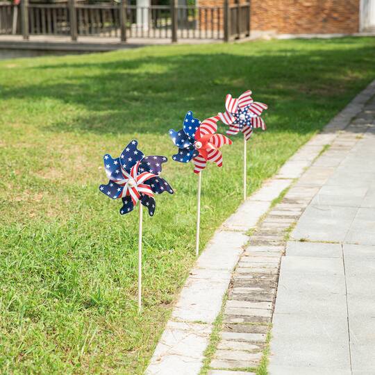 Glitzhome® 32" Plastic Stars & Stripes Patriotic Windmill Set